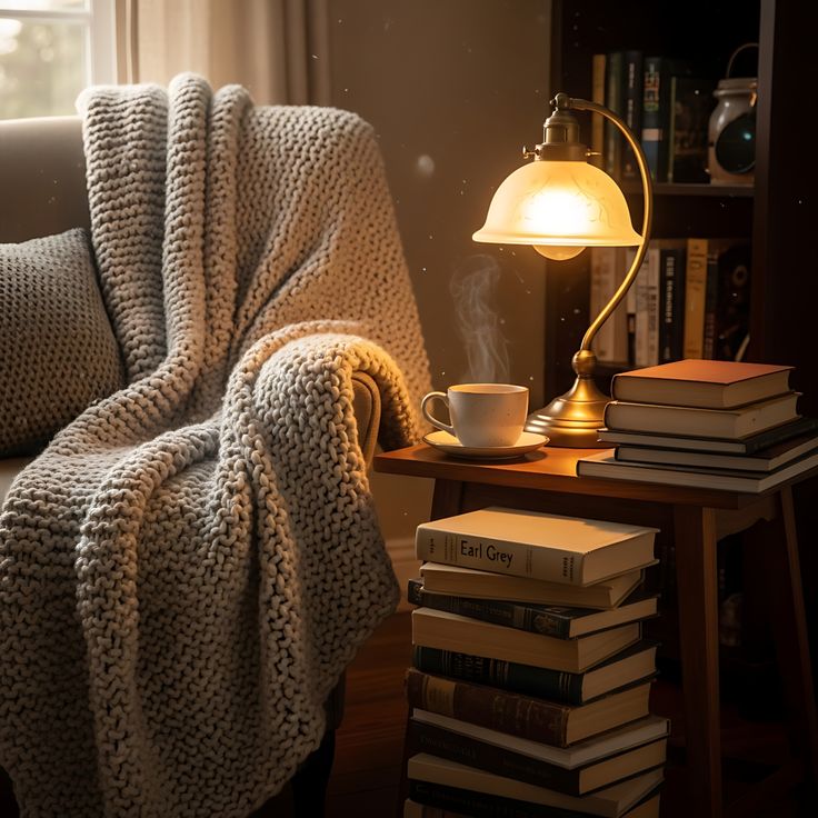 Soft lamp light illuminating a reading nook with books and a warm blanket